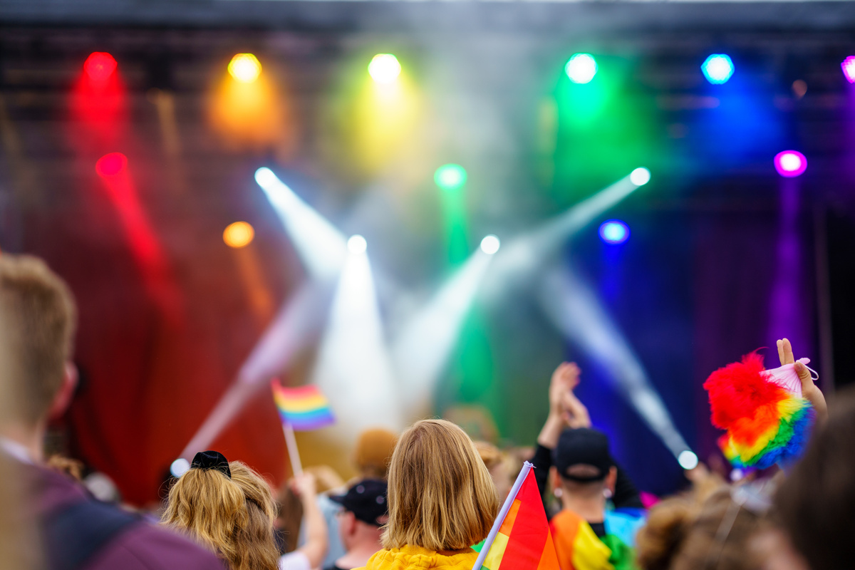 Music Event on Pride Festival with Rainbow Flags and Lights