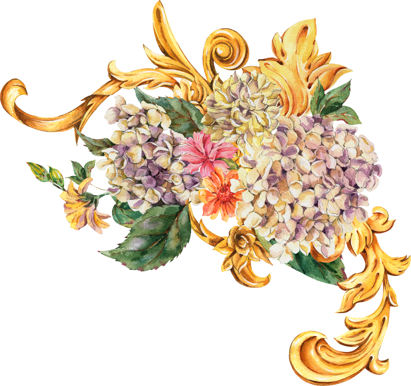 Watercolor Gold Vintage Floral Ornament, Curl, Swirl