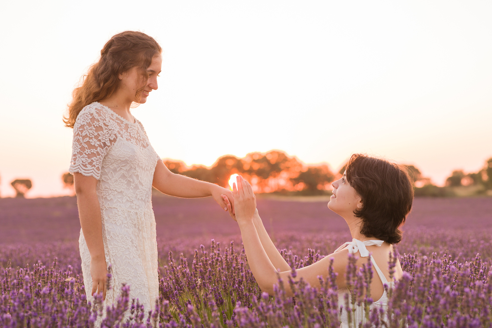 Lesbian Woman Proposing on a Field of Lavender 